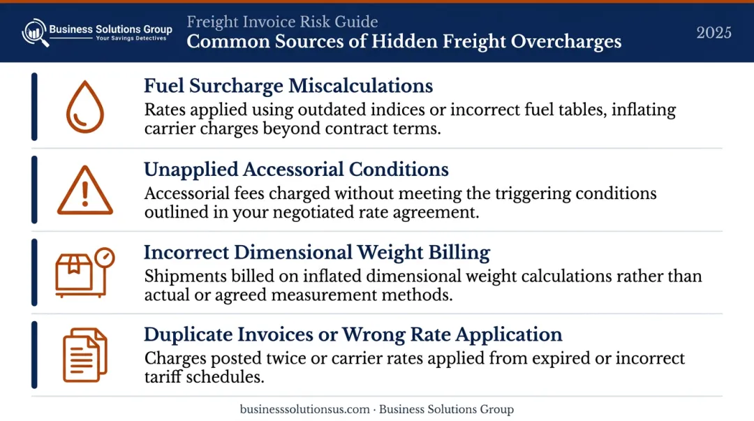 Four common freight invoice overcharge sources causing hidden billing errors infographic