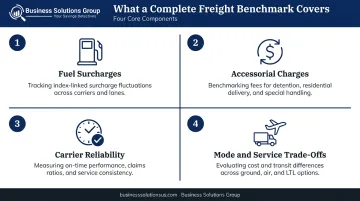 Four key components of freight rate benchmarking analysis breakdown infographic