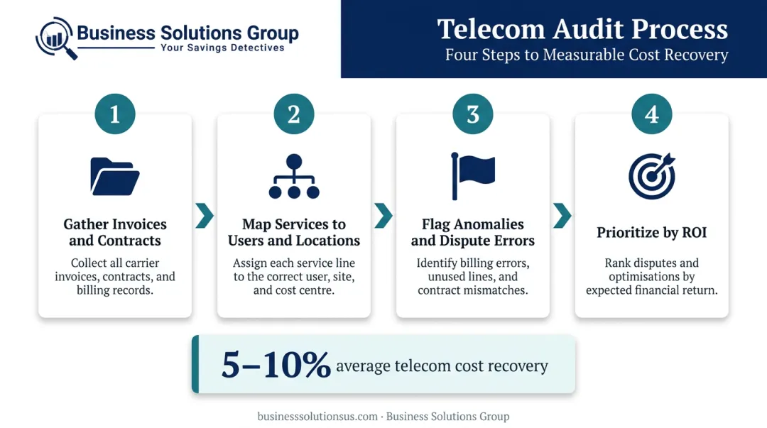 Four-step telecom audit process flow from invoice gathering to ROI prioritization