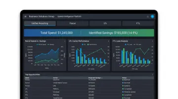Transportation spend analytics platform dashboard showing freight spend and savings metrics