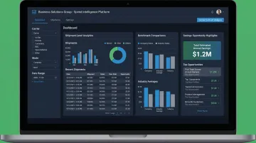 Business Solutions Group spend intelligence dashboard showing parcel savings and benchmark insights