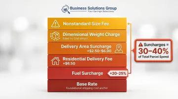 Six shipping surcharge types stacked to show total parcel cost breakdown