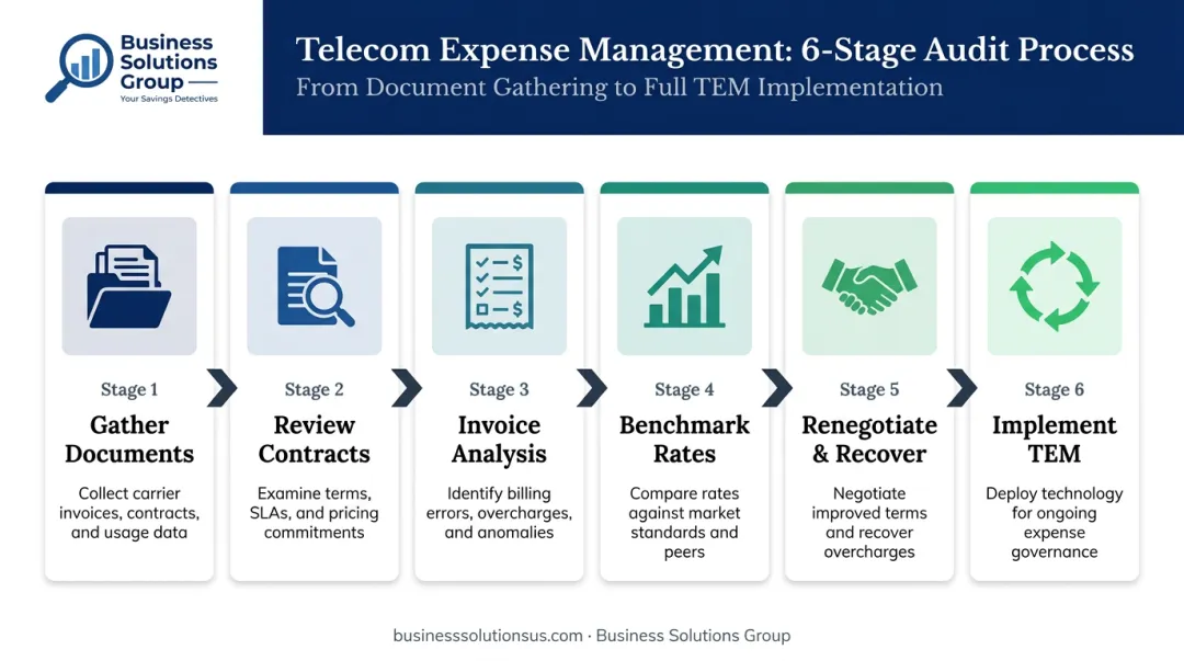 6-step telecom audit process flow from document gathering to TEM implementation