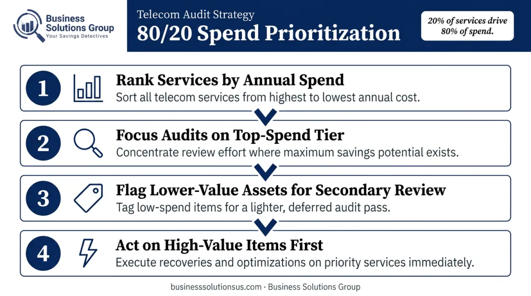 80/20 rule telecom spend prioritization four-step audit sequencing process infographic