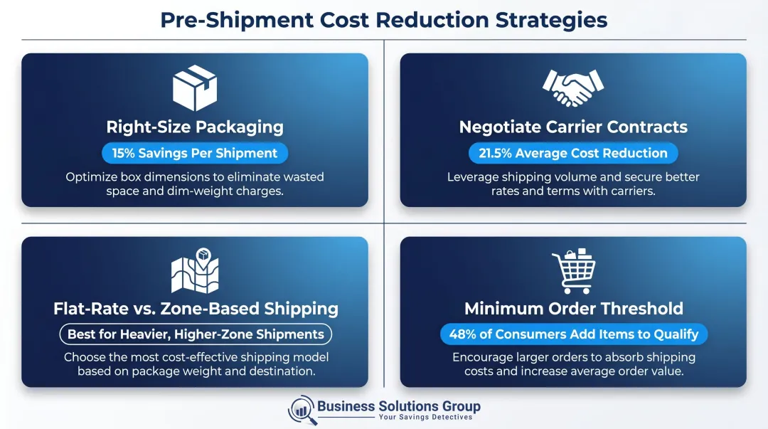Four pre-shipment shipping cost reduction strategies with key savings data points