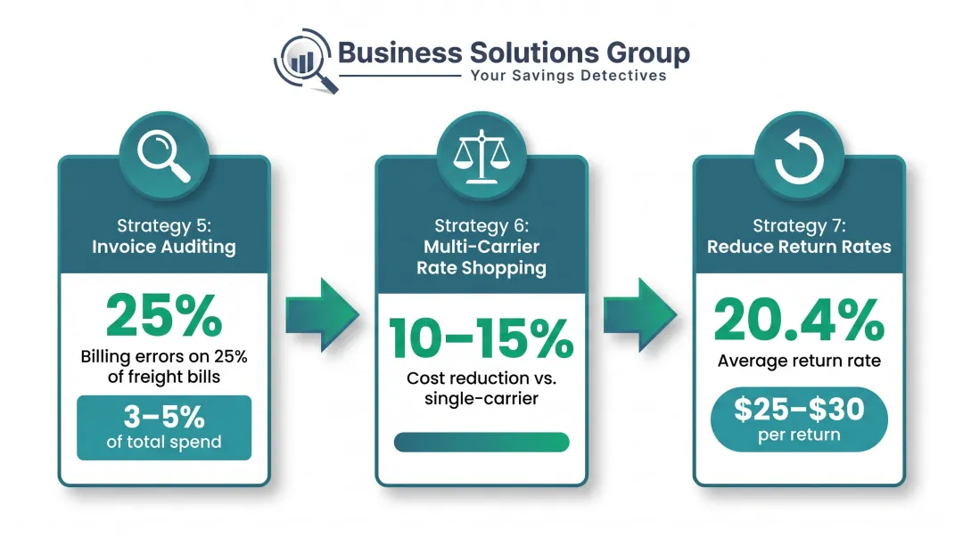 Three active shipping management strategies with cost reduction percentages and key metrics