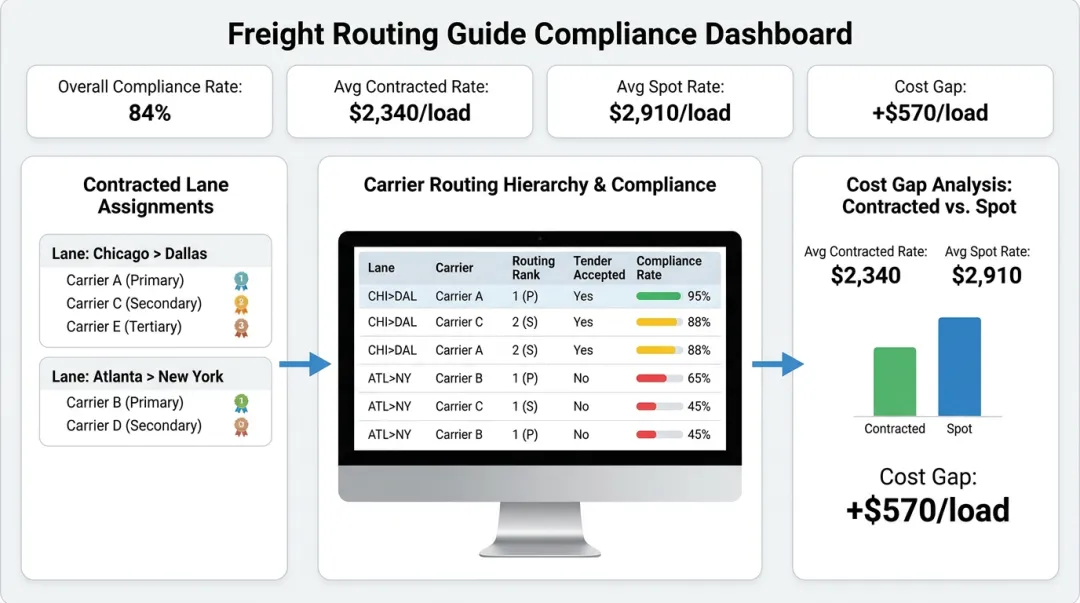 Freight routing guide compliance dashboard showing contracted versus spot market rate comparison