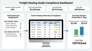 Freight routing guide compliance dashboard showing contracted versus spot market rate comparison