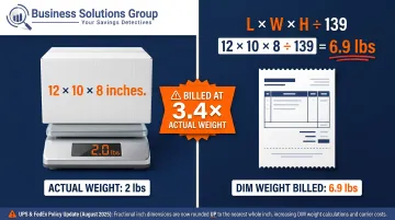 Dimensional weight versus actual weight billing comparison showing carrier overcharge example