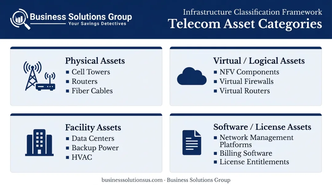 Four telecom asset categories comparison table with examples and icons
