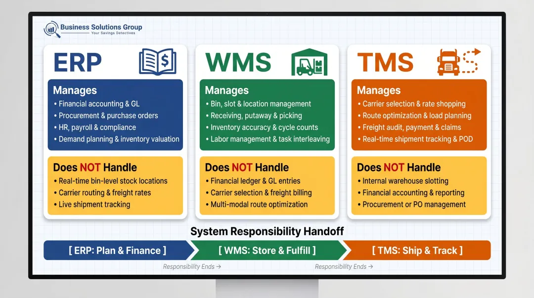 ERP WMS TMS system roles and operational domains comparison infographic