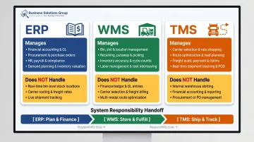 ERP WMS TMS system roles and operational domains comparison infographic