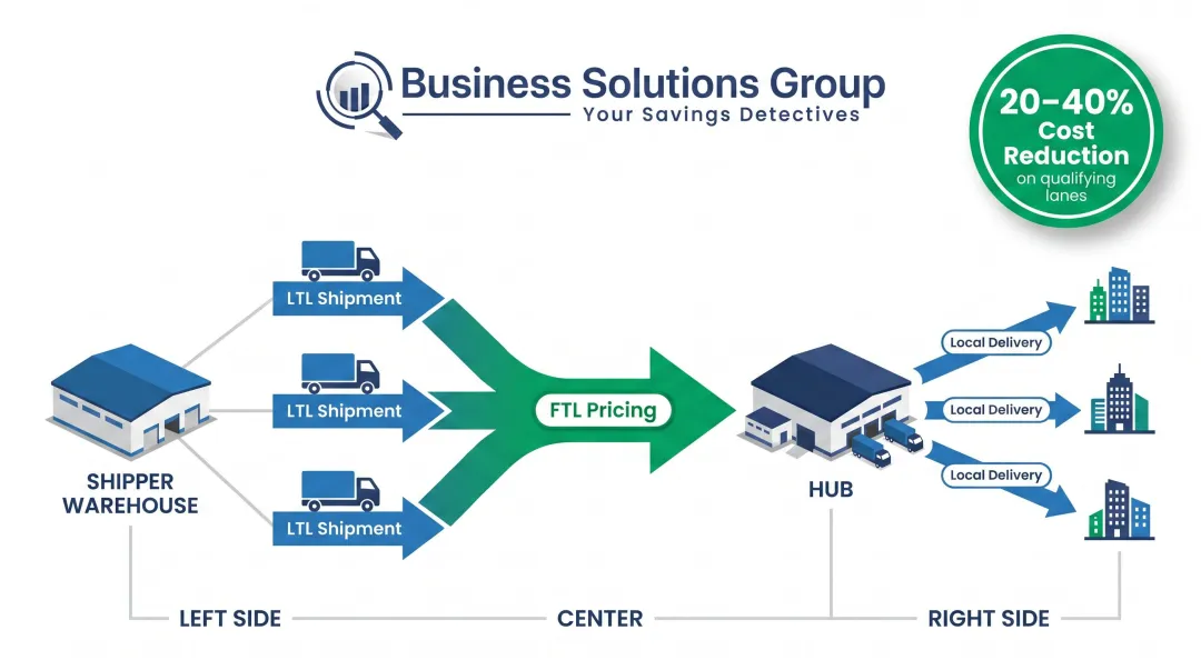 LTL to FTL freight consolidation workflow showing hub and spoke savings model