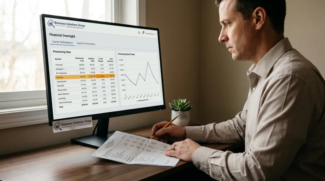 Business owner reviewing monthly payment processing statements on desktop computer