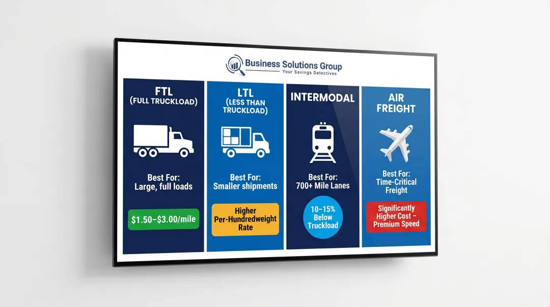 Four freight shipping mode comparison chart with cost profiles and best use cases