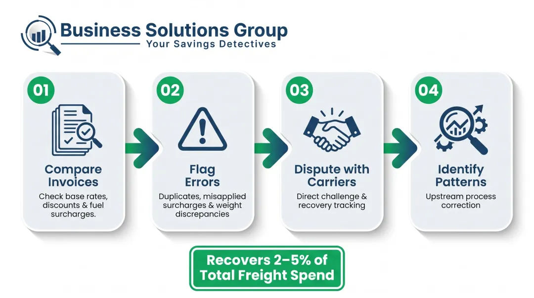 Four-step freight invoice audit process flow for recovering billing errors