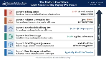 Six-layer parcel shipping cost breakdown from base rate to billing errors