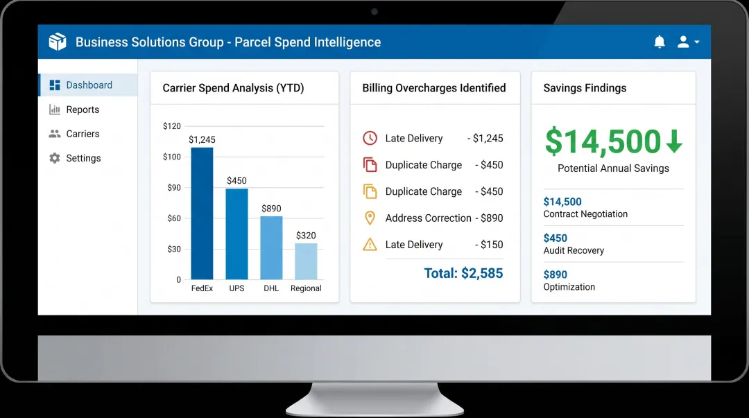 Parcel spend intelligence platform dashboard displaying carrier cost analysis and savings findings