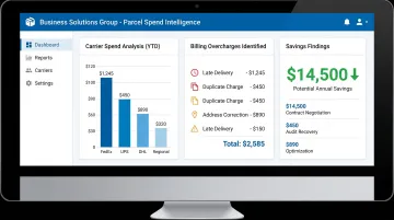 Parcel spend intelligence platform dashboard displaying carrier cost analysis and savings findings