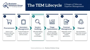 Six-stage telecom expense management lifecycle from procurement to disposal