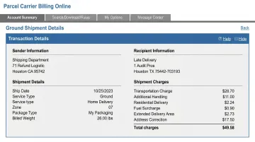 Carrier parcel invoice showing accessorial surcharge line items and fee breakdown