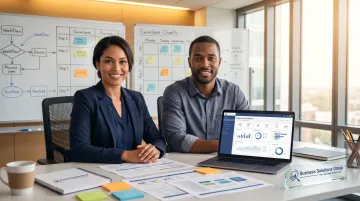 Supply chain consultant and business planner reviewing demand planning implementation strategy together