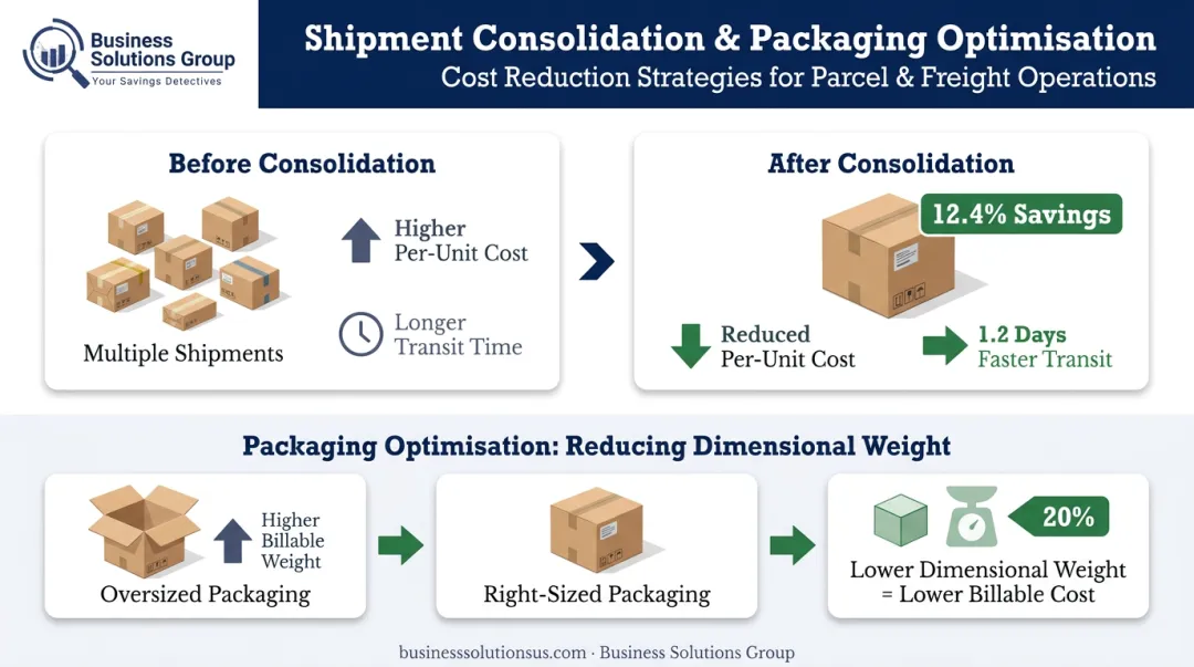 Freight cost reduction strategies comparison showing consolidation savings and dimensional weight optimization