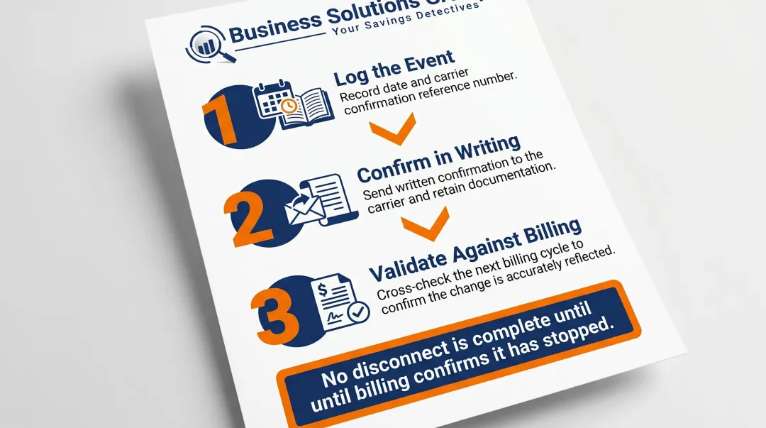 Three-step MACD telecom event tracking process to prevent orphaned billing charges