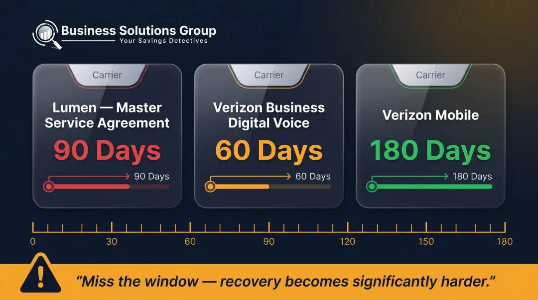 Telecom carrier dispute window comparison chart Lumen Verizon 60 to 180 days