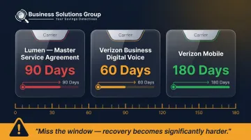 Telecom carrier dispute window comparison chart Lumen Verizon 60 to 180 days
