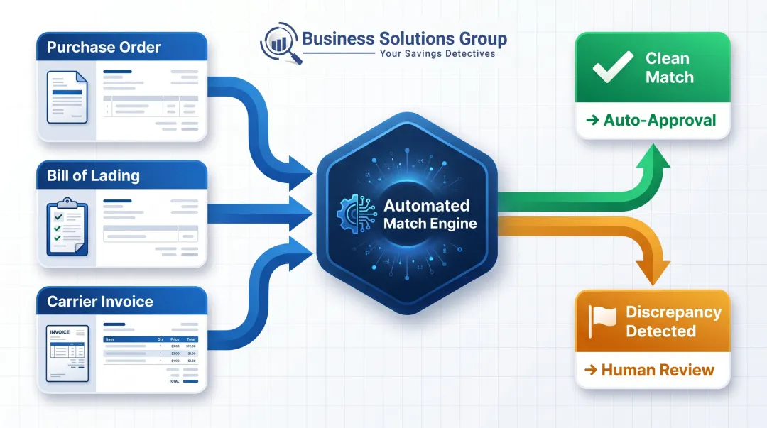 Three-way freight invoice matching process PO BOL carrier invoice validation flow