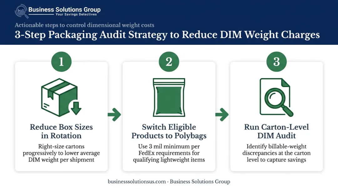 Three-step packaging audit process to reduce dimensional weight shipping charges