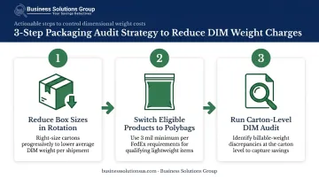 Three-step packaging audit process to reduce dimensional weight shipping charges