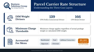 Parcel carrier rate structure components including DIM weight and accessorial fees breakdown