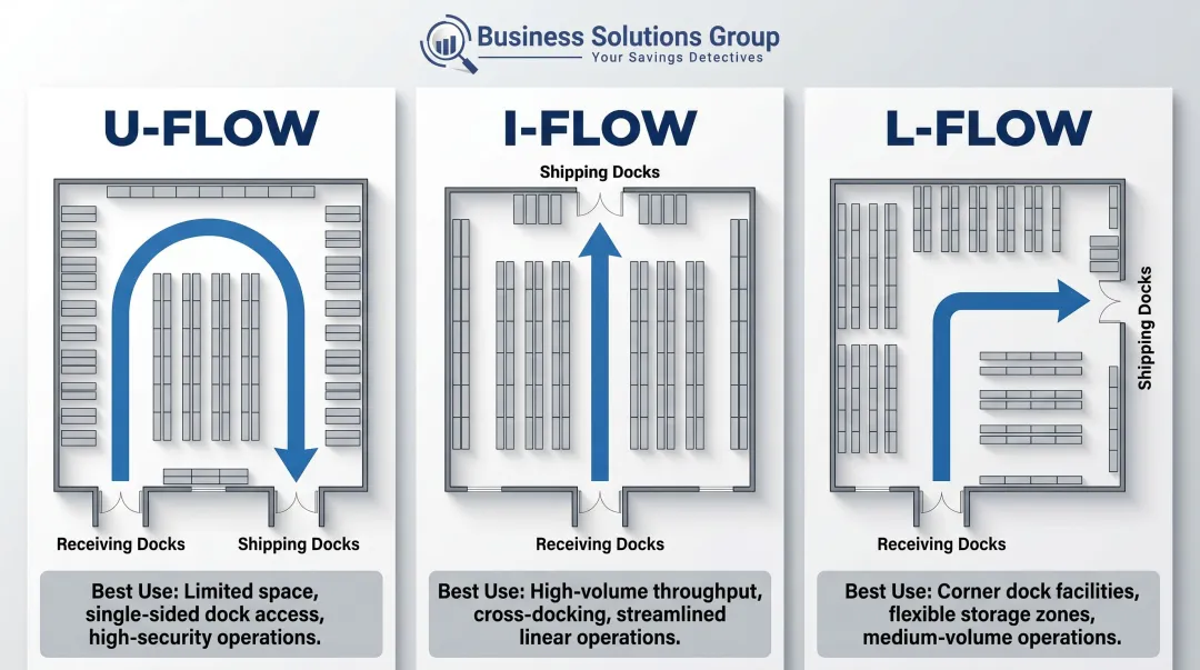 Three warehouse flow types U-flow I-flow and L-flow layout comparison infographic