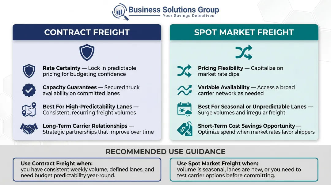 Contract freight versus spot market freight strategic sourcing comparison infographic
