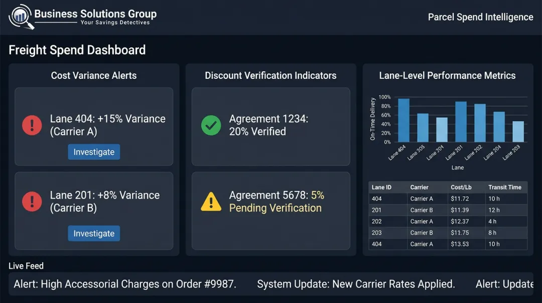 Parcel Spend Intelligence dashboard displaying cost variance alerts and lane-level freight insights