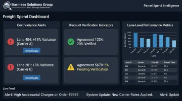 Parcel Spend Intelligence dashboard displaying cost variance alerts and lane-level freight insights