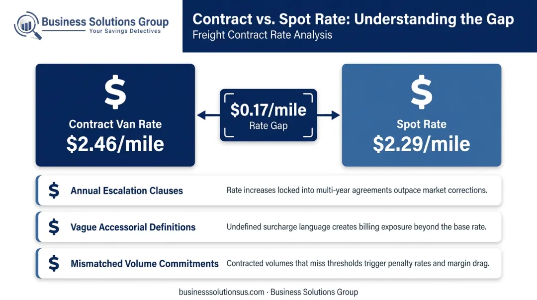 Carrier contract rate versus spot market rate gap comparison infographic