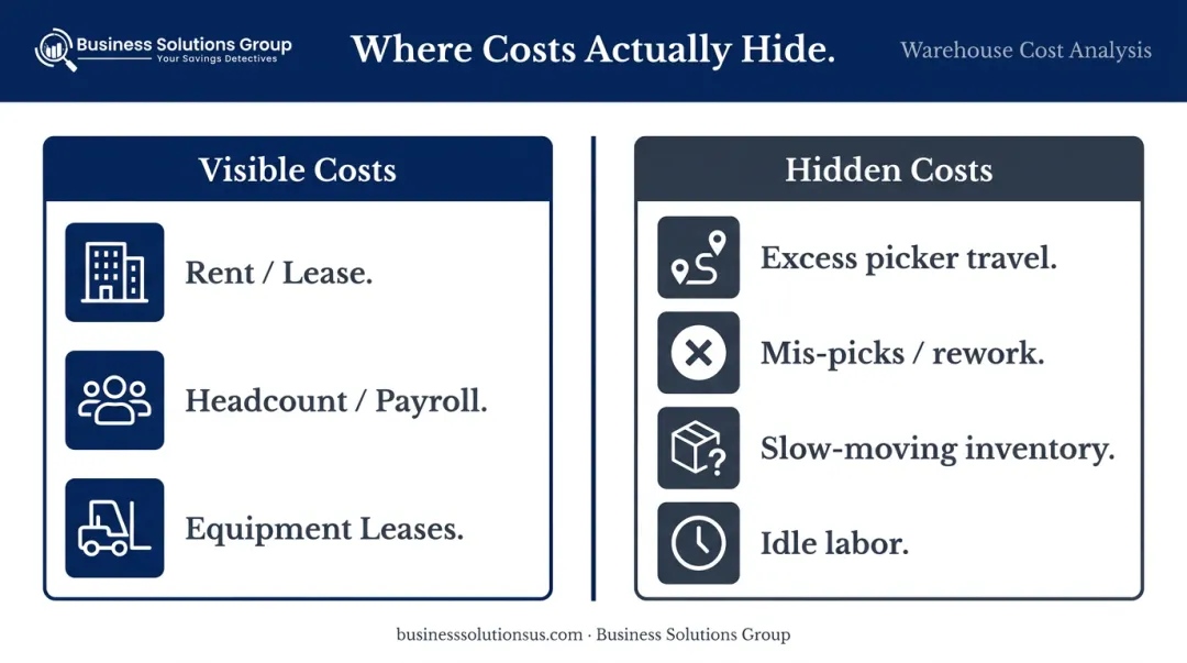 Visible versus hidden warehouse costs comparison breakdown infographic