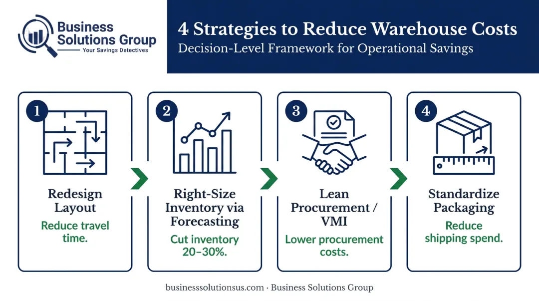 Four warehouse cost-reduction decision strategies process flow infographic
