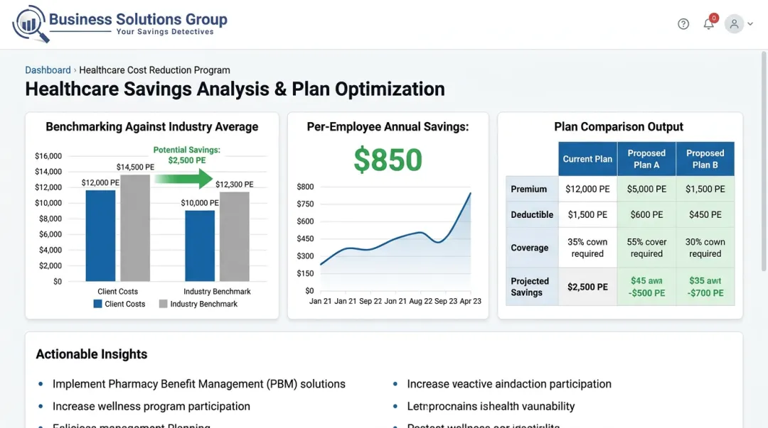 Business Solutions Group healthcare cost savings analysis dashboard showing employer benchmarking data