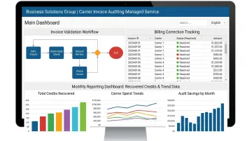 Business Solutions Group carrier invoice auditing platform showing billing error corrections and credits