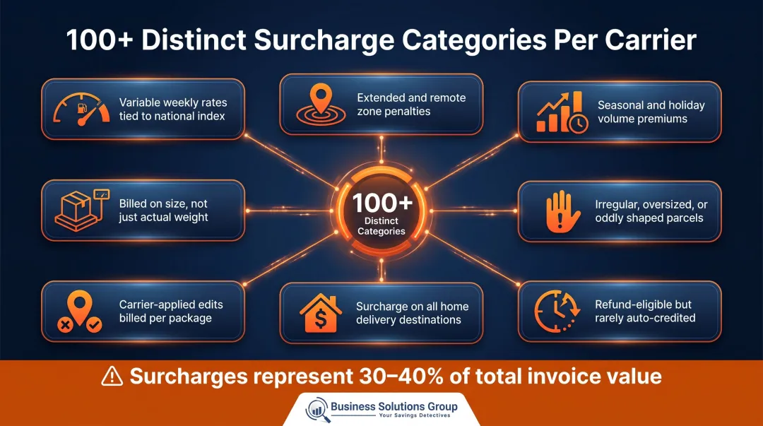 Parcel invoice surcharge categories breakdown showing 100-plus hidden fee types