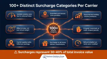 Parcel invoice surcharge categories breakdown showing 100-plus hidden fee types