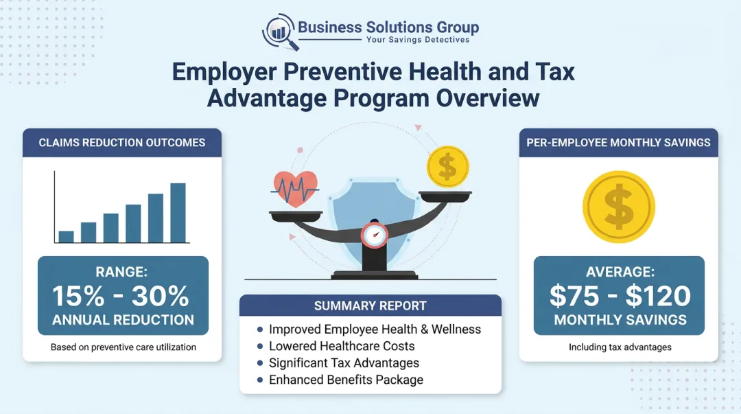 Business Solutions Group employer health program dashboard showing claims savings and ROI metrics