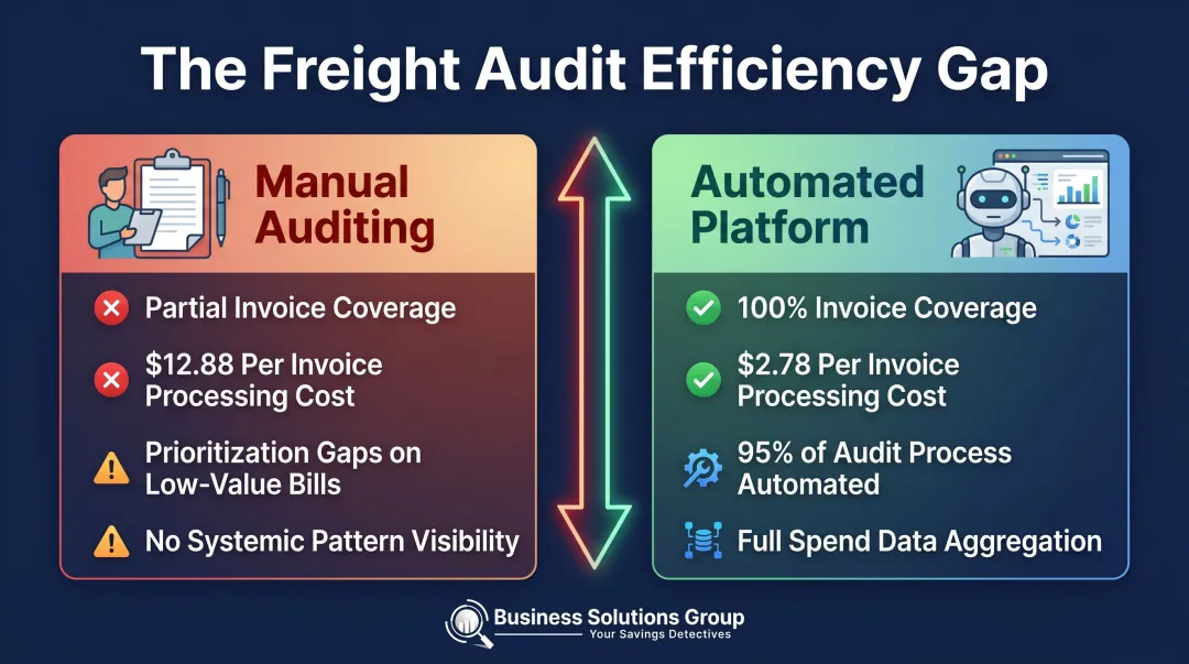 Manual auditing versus automated freight audit platform cost and coverage comparison