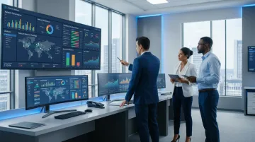 Enterprise telecom digital transformation strategy session with consultants and analytics dashboards