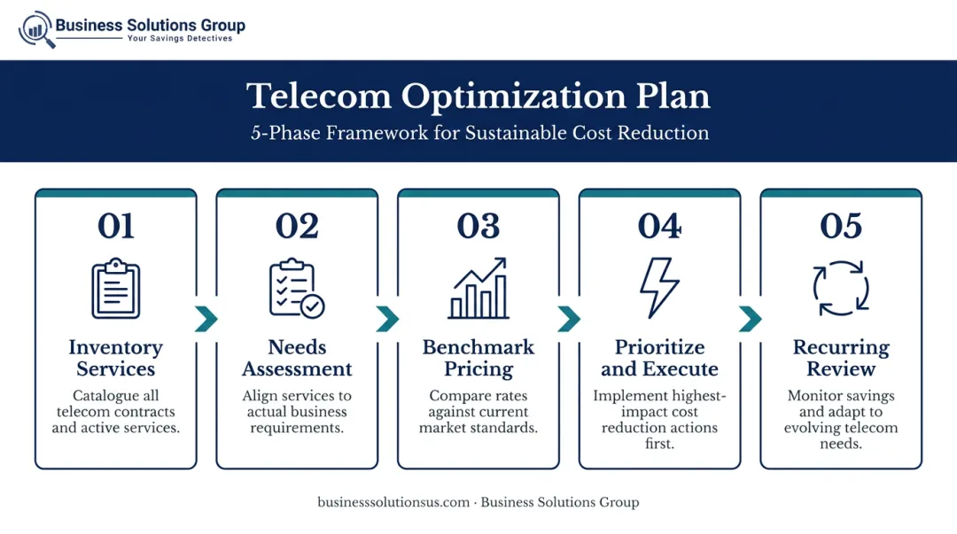 Five-phase telecom optimization plan process flow from inventory to recurring review