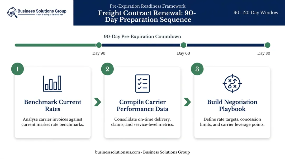 Three-step freight contract renewal preparation process 90-day window timeline